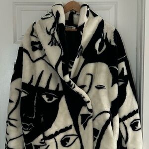 Vintage Artistic Picasso Faces Black and White Faux Fur Jacket